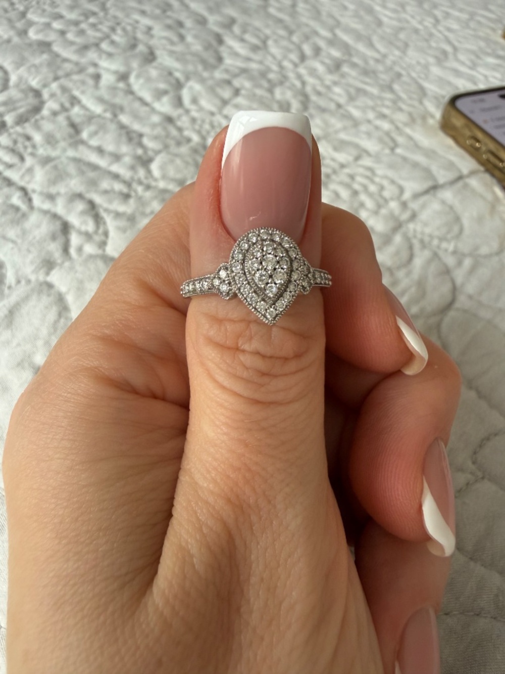 10K Gold Diamond Halo Ring Teardrop Cluster Elegant Ring - Picture 3 of 8